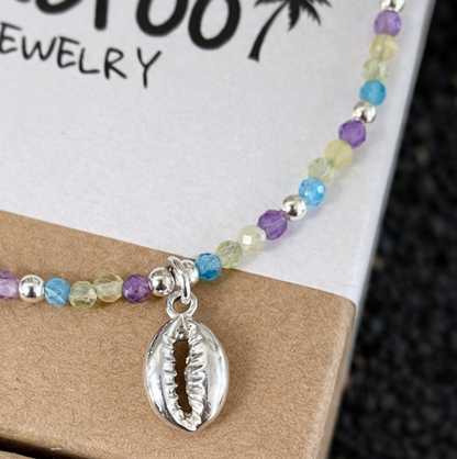 Cowrie Shell Gemstone Bead Mix 925 Sterling Silver Bracelet