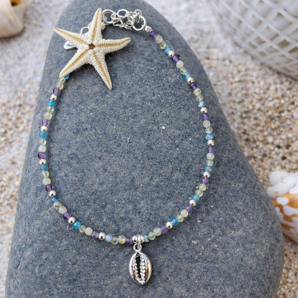 Cowrie Shell Gemstone Bead Mix 925 Sterling Silver Bracelet